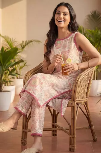 Floral Printed Pure Cotton Kurta with Trousers