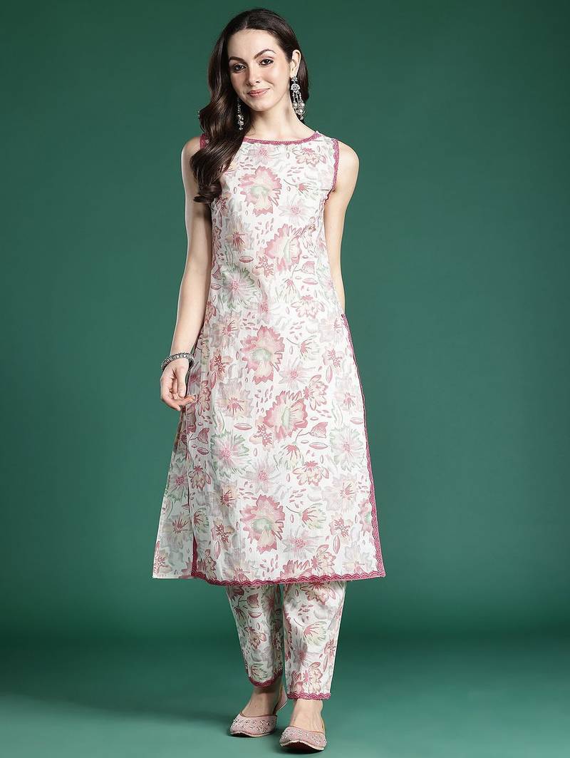 Floral Printed Pure Cotton Kurta with Trousers