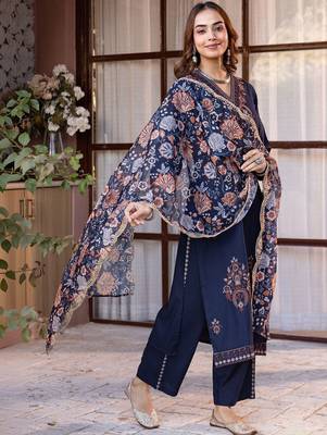 Women Ethnic Motifs Embroidered Regular Thread Work Kurta with Trousers & With Dupatta 6