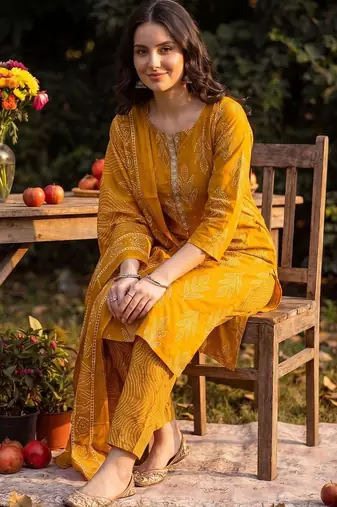 Women Ethnic Motifs Printed Regular Gotta Patti Linen Kurta with Trousers & With Dupatta