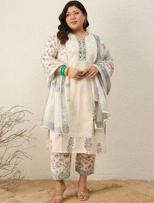 Indo EraPlus Size Printed Regular Pure Cotton Kurta with Trousers & With Dupatta 1