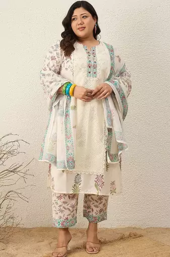 Indo EraPlus Size Printed Regular Pure Cotton Kurta with Trousers & With Dupatta