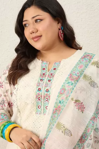 Indo EraPlus Size Printed Regular Pure Cotton Kurta with Trousers & With Dupatta