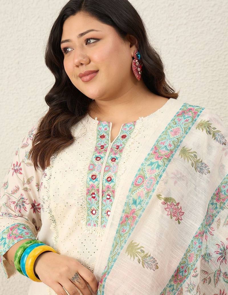 Indo EraPlus Size Printed Regular Pure Cotton Kurta with Trousers & With Dupatta