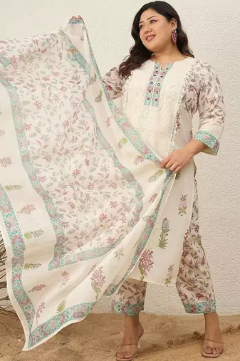Indo EraPlus Size Printed Regular Pure Cotton Kurta with Trousers & With Dupatta