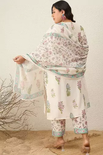 Indo EraPlus Size Printed Regular Pure Cotton Kurta with Trousers & With Dupatta
