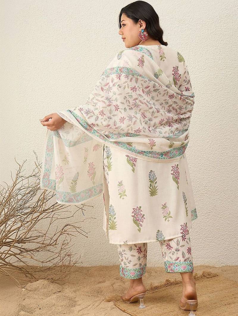 Indo EraPlus Size Printed Regular Pure Cotton Kurta with Trousers & With Dupatta