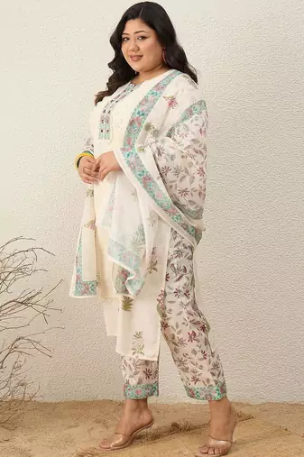 Indo EraPlus Size Printed Regular Pure Cotton Kurta with Trousers & With Dupatta