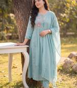 Women Floral Embroidered Thread Work Pure Cotton Kurta With Trousers & Dupatta
