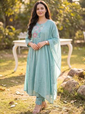 Women Floral Embroidered Thread Work Pure Cotton Kurta With Trousers & Dupatta 6