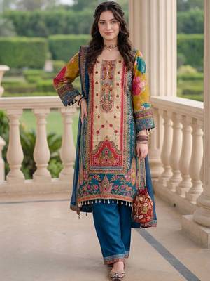 Women Ethnic Motifs Printed Regular Mirror Work Kurta with Palazzos & With Dupatta 1