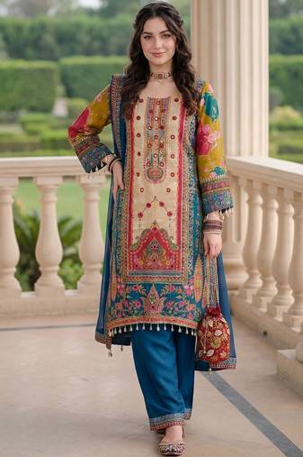Women Ethnic Motifs Printed Regular Mirror Work Kurta with Palazzos & With Dupatta