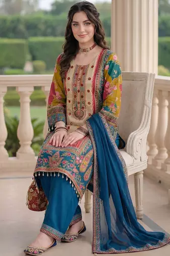 Women Ethnic Motifs Printed Regular Mirror Work Kurta with Palazzos & With Dupatta