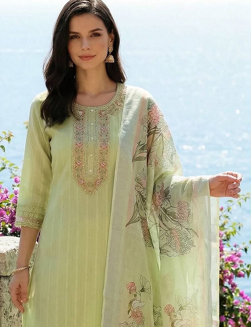 Women Floral Embroidered Regular Thread Work Pure Cotton Kurta with Trousers & With Dupatta