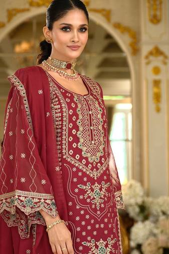 Ethnic Motifs Embroidered Zari Organza Straight Kurta & Trousers With Dupatta