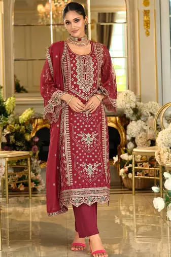 Ethnic Motifs Embroidered Zari Organza Straight Kurta & Trousers With Dupatta