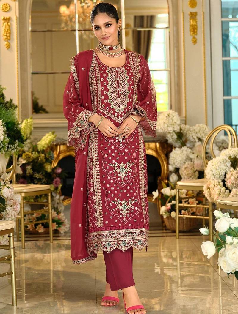 Ethnic Motifs Embroidered Zari Organza Straight Kurta & Trousers With Dupatta