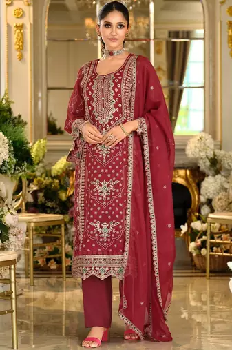 Ethnic Motifs Embroidered Zari Organza Straight Kurta & Trousers With Dupatta