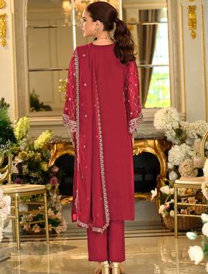 Ethnic Motifs Embroidered Zari Organza Straight Kurta & Trousers With Dupatta 5