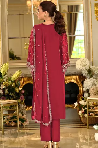 Ethnic Motifs Embroidered Zari Organza Straight Kurta & Trousers With Dupatta