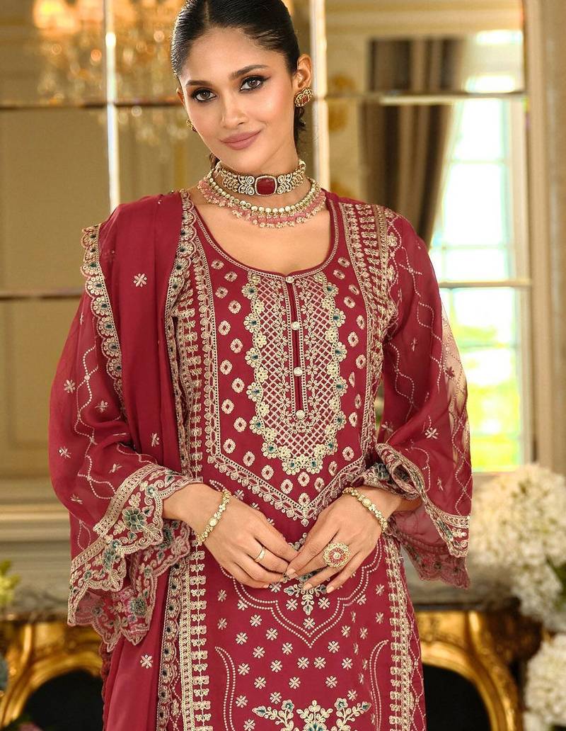 Ethnic Motifs Embroidered Zari Organza Straight Kurta & Trousers With Dupatta