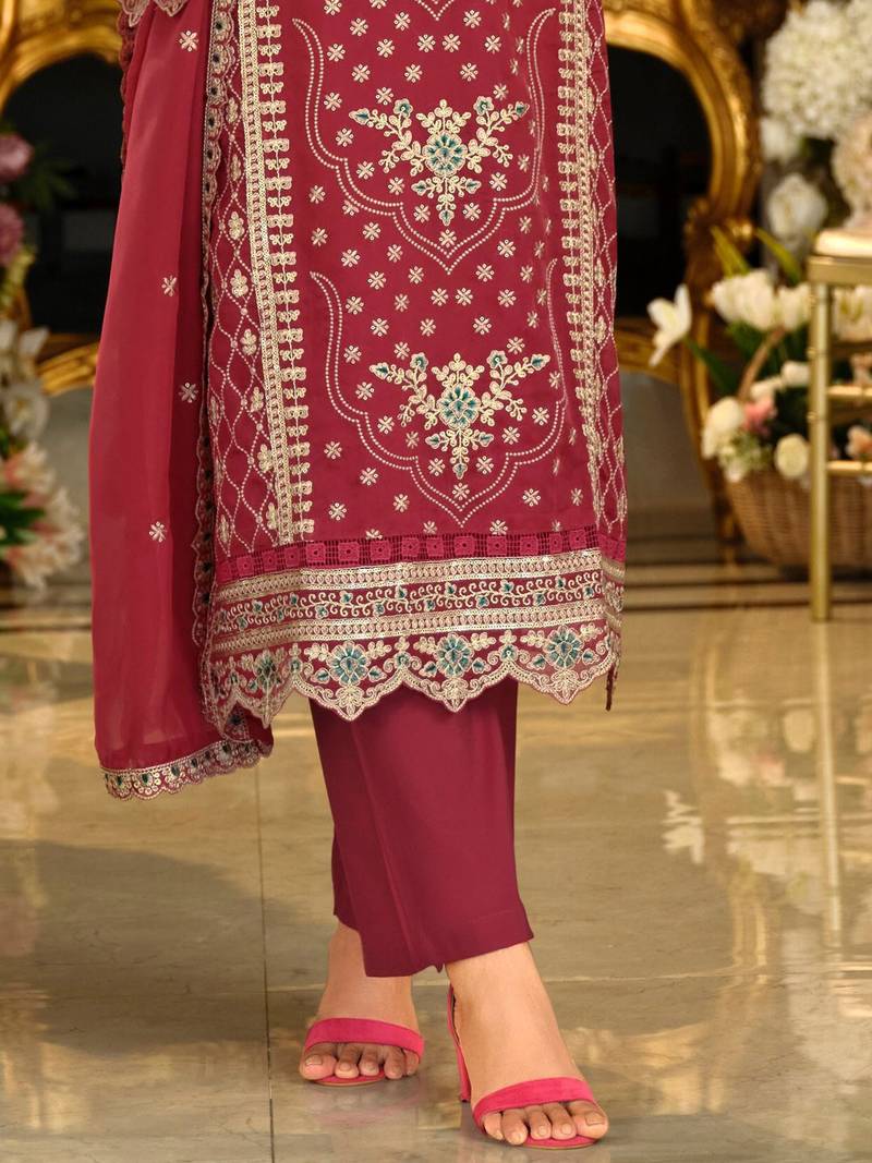 Ethnic Motifs Embroidered Zari Organza Straight Kurta & Trousers With Dupatta