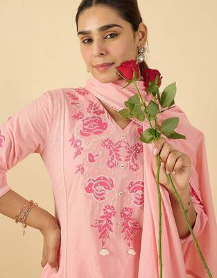 Women Floral Embroidered Panelled Thread Work Kurta with Trousers & Dupatta 3