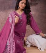 Ethnic Motifs Embroidered V-Neck Thread Work Cotton Kurta With Trousers & Dupatta