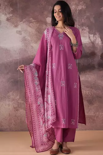 Ethnic Motifs Embroidered V-Neck Thread Work Cotton Kurta With Trousers & Dupatta