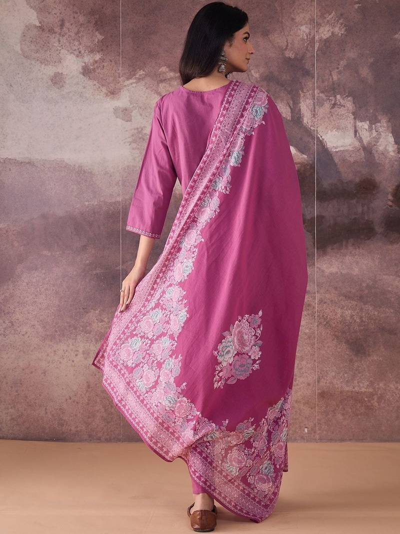 Ethnic Motifs Embroidered V-Neck Thread Work Cotton Kurta With Trousers & Dupatta