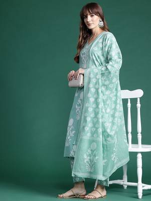 Floral Printed Mirror Work Pure Cotton Kurta With Trousers & Dupatta 1
