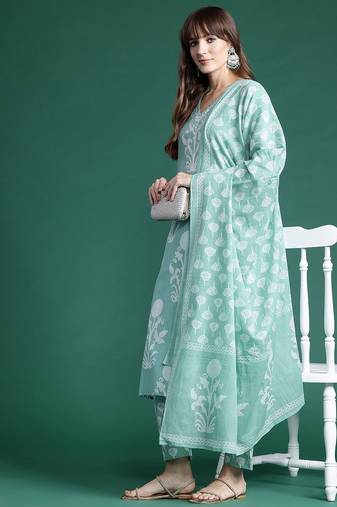 Floral Printed Mirror Work Pure Cotton Kurta With Trousers & Dupatta