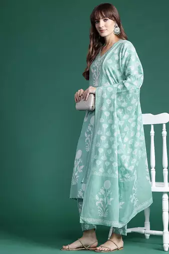Floral Printed Mirror Work Pure Cotton Kurta With Trousers & Dupatta
