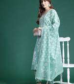 Floral Printed Mirror Work Pure Cotton Kurta With Trousers & Dupatta
