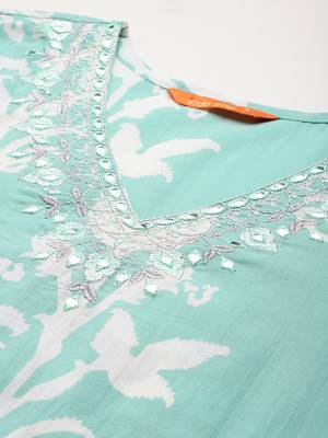 Floral Printed Mirror Work Pure Cotton Kurta With Trousers & Dupatta 2