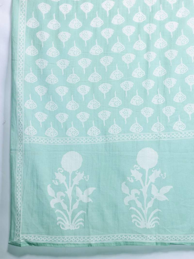 Floral Printed Mirror Work Pure Cotton Kurta With Trousers & Dupatta