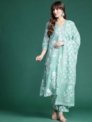 Floral Printed Mirror Work Pure Cotton Kurta With Trousers & Dupatta 5