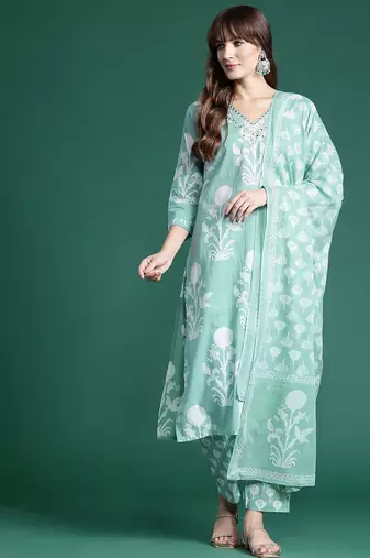 Floral Printed Mirror Work Pure Cotton Kurta With Trousers & Dupatta