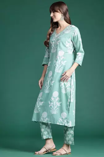 Floral Printed Mirror Work Pure Cotton Kurta With Trousers & Dupatta