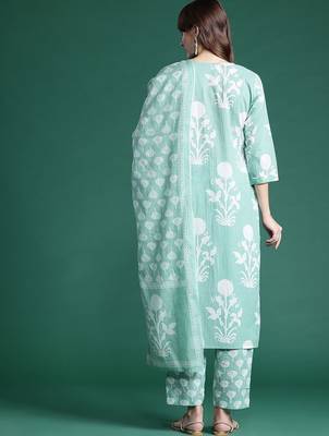 Floral Printed Mirror Work Pure Cotton Kurta With Trousers & Dupatta 7