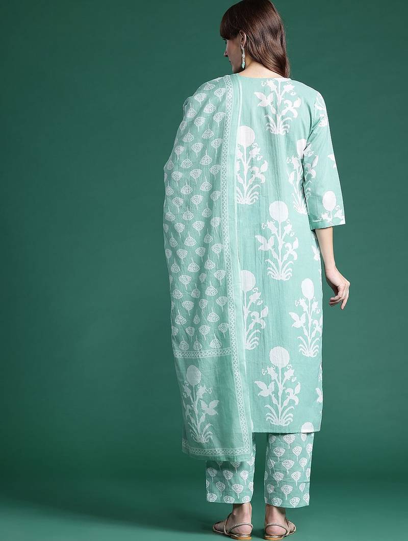 Floral Printed Mirror Work Pure Cotton Kurta With Trousers & Dupatta