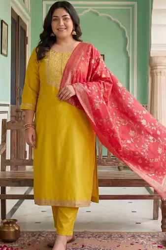 Plus Size Yellow Embroidered Straight Kurta Trousers With Dupatta Set