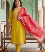 Plus Size Yellow Embroidered Straight Kurta Trousers With Dupatta Set