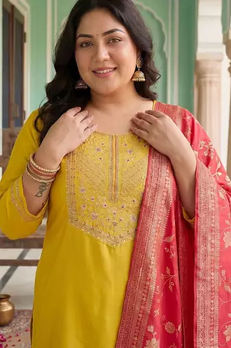 Plus Size Yellow Embroidered Straight Kurta Trousers With Dupatta Set