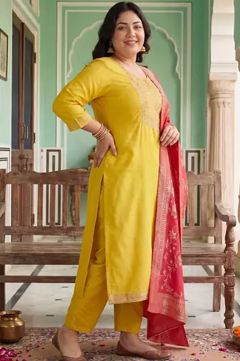 Plus Size Yellow Embroidered Straight Kurta Trousers With Dupatta Set