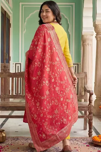 Plus Size Yellow Embroidered Straight Kurta Trousers With Dupatta Set