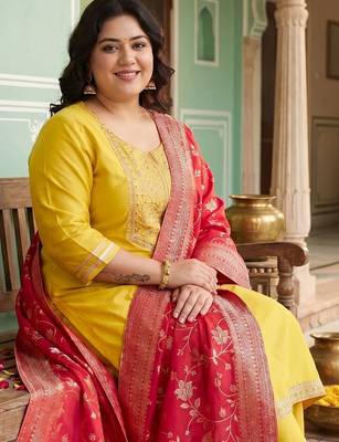 Plus Size Yellow Embroidered Straight Kurta Trousers With Dupatta Set 5
