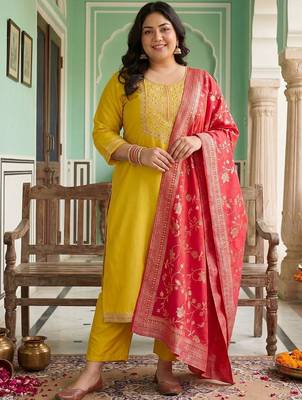 Plus Size Yellow Embroidered Straight Kurta Trousers With Dupatta Set 6