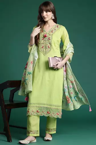 Floral Embroidered Thread Work Linen Kurta with Trousers & Dupatta