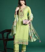 Floral Embroidered Thread Work Linen Kurta with Trousers & Dupatta
